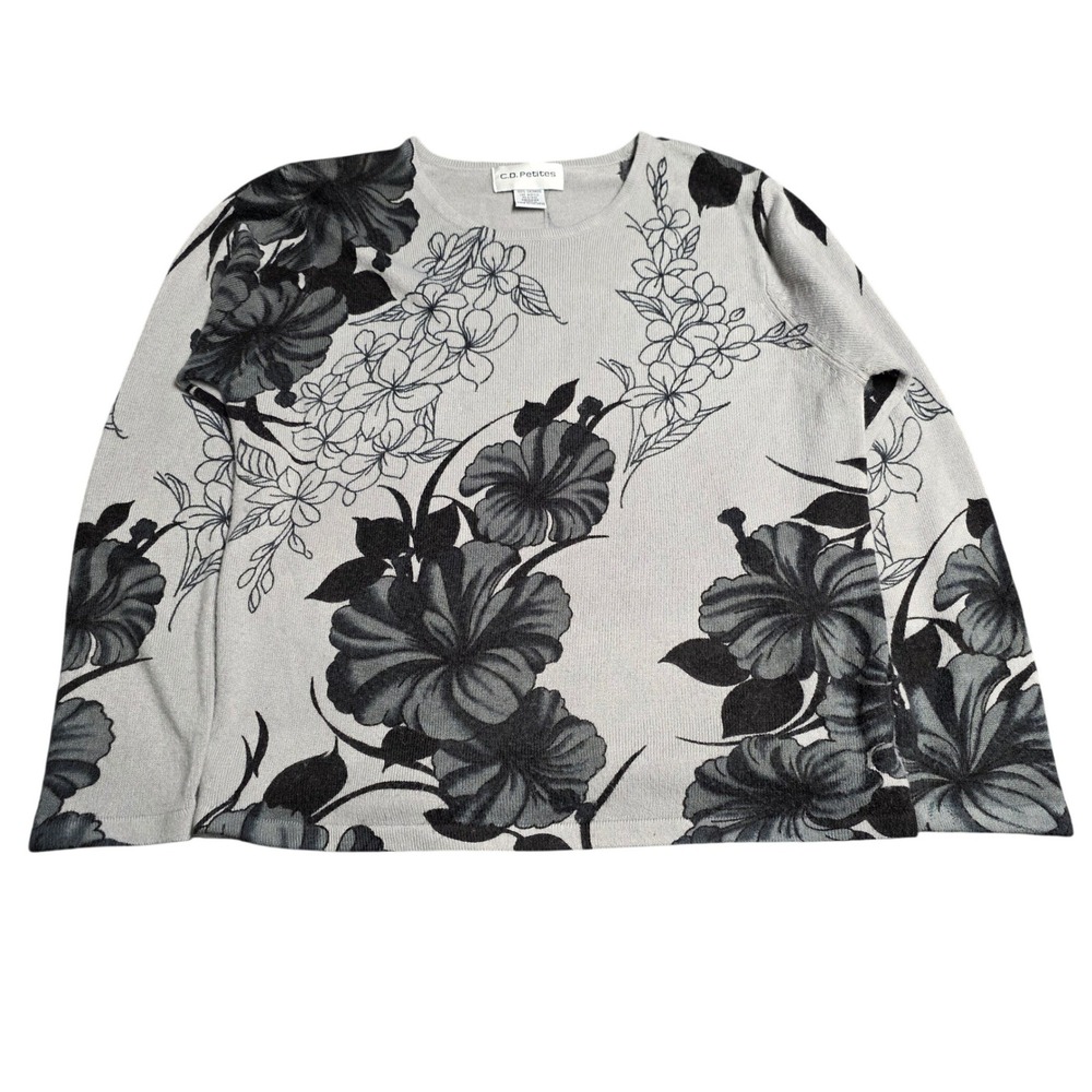 CD Petites Knit Sweater Women's Size MP Gray Black Floral Cashmere‎ Like Acrylic